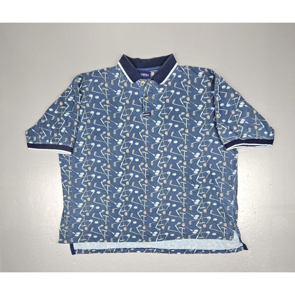 Vintage 90s Givenchy Polo Shirt‎ Mens XT Blue  Golf Club & Ball AOP Short Sleeve